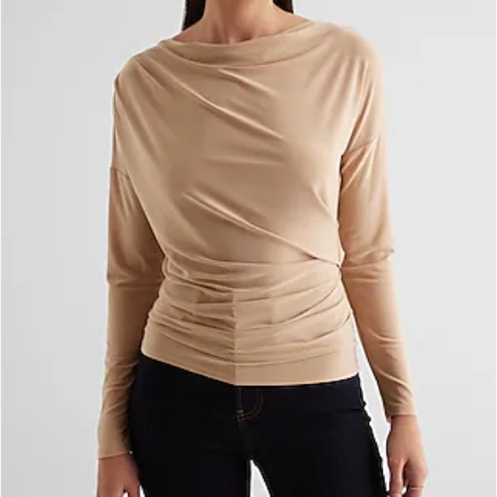 Express Skimming Cowl Neck Long Sleeve Ruched Tee